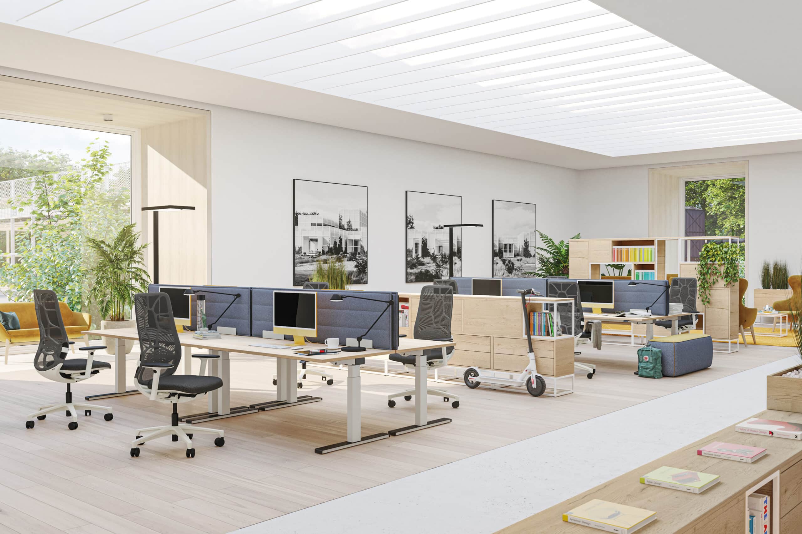 Modernes Büro mit Schreibtischen und Pflanzen