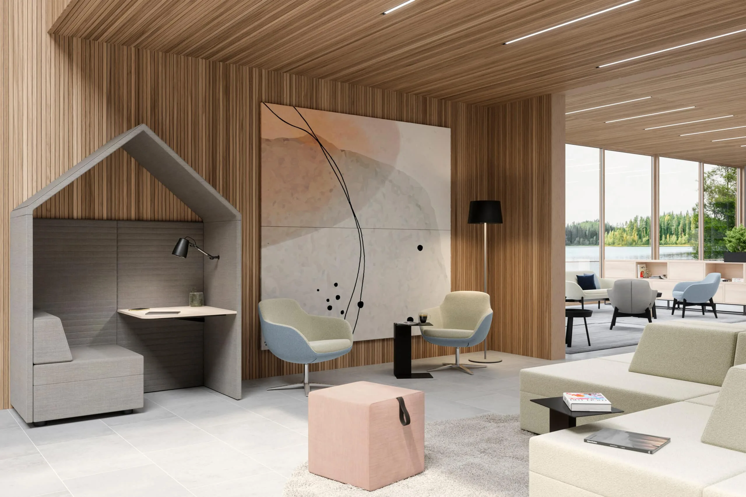 Modernes Büro mit Sitzbereich und Holzwänden.