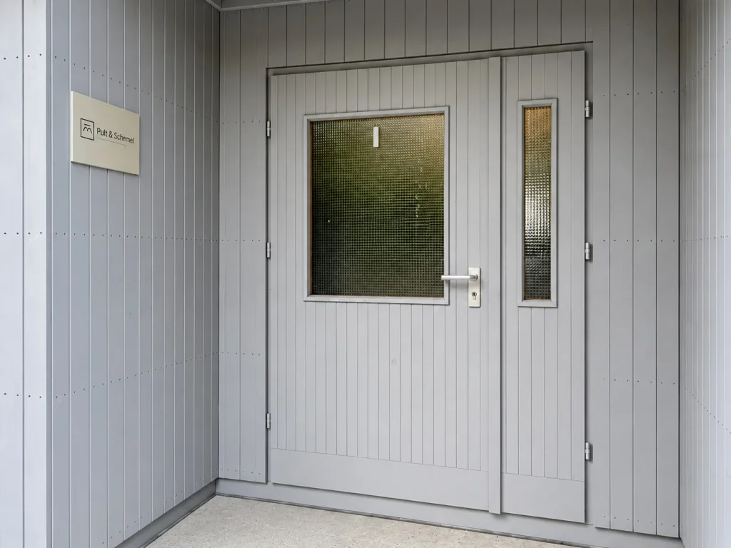 Eingangstür von Pult & Schemel in der Nische der grauen Fassade, Schild links neben der Tür