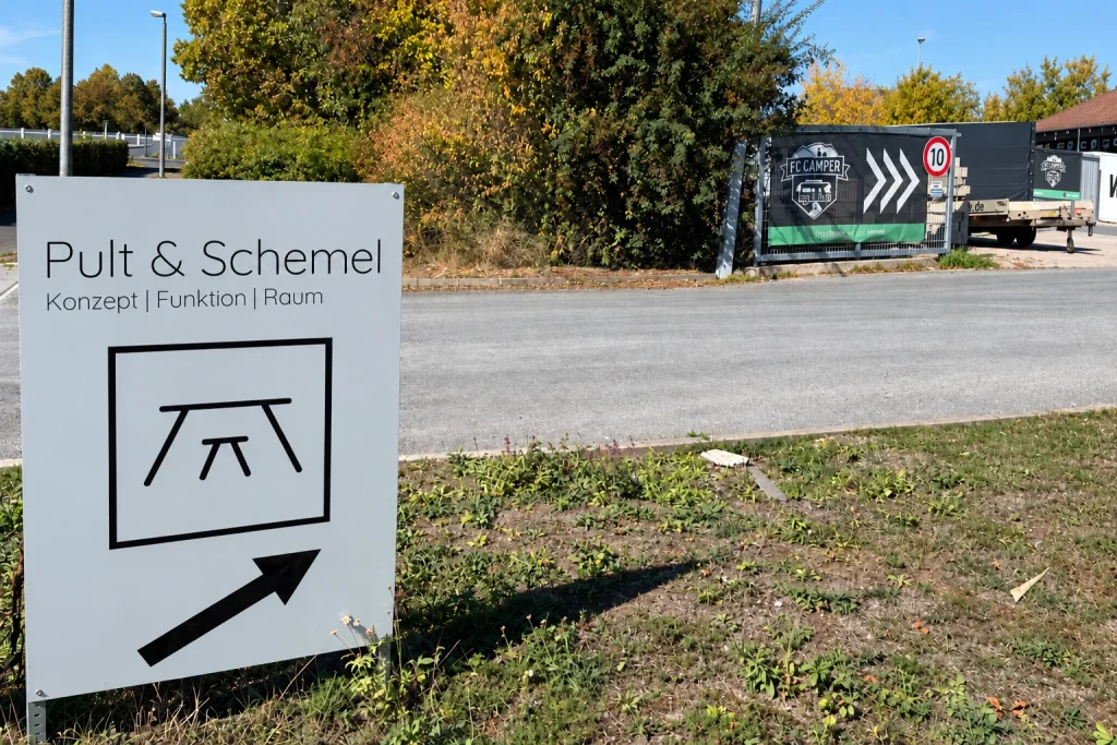 Weißes Schild von Pult & Schemel mit Pfeil nach rechts oben an der Hofeinfahrt am Wachtelberg in Kürnach